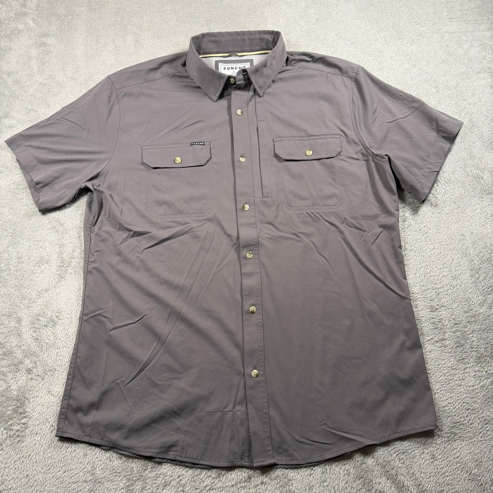 Poncho Short Sleeve Shirt Mens Large Gray Slim Fit Button Down Lightweight